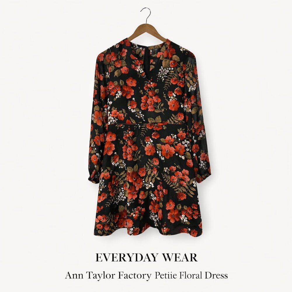 Ann Taylor Factory Petite Floral Dress Black Red Long Sleeve 4P